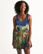 Load image into Gallery viewer, Women&#39;s Scoop Neck Skater Dress - &quot;Neon Garden at Night&quot;
